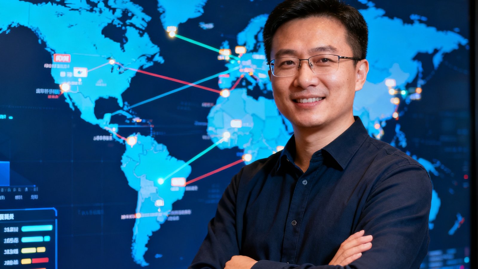 华体会联合创始人兼CEO张伟半身照，他站在数据大屏前双臂交叉，背景显示着全球赛事直播节点分布图，表情自信从容