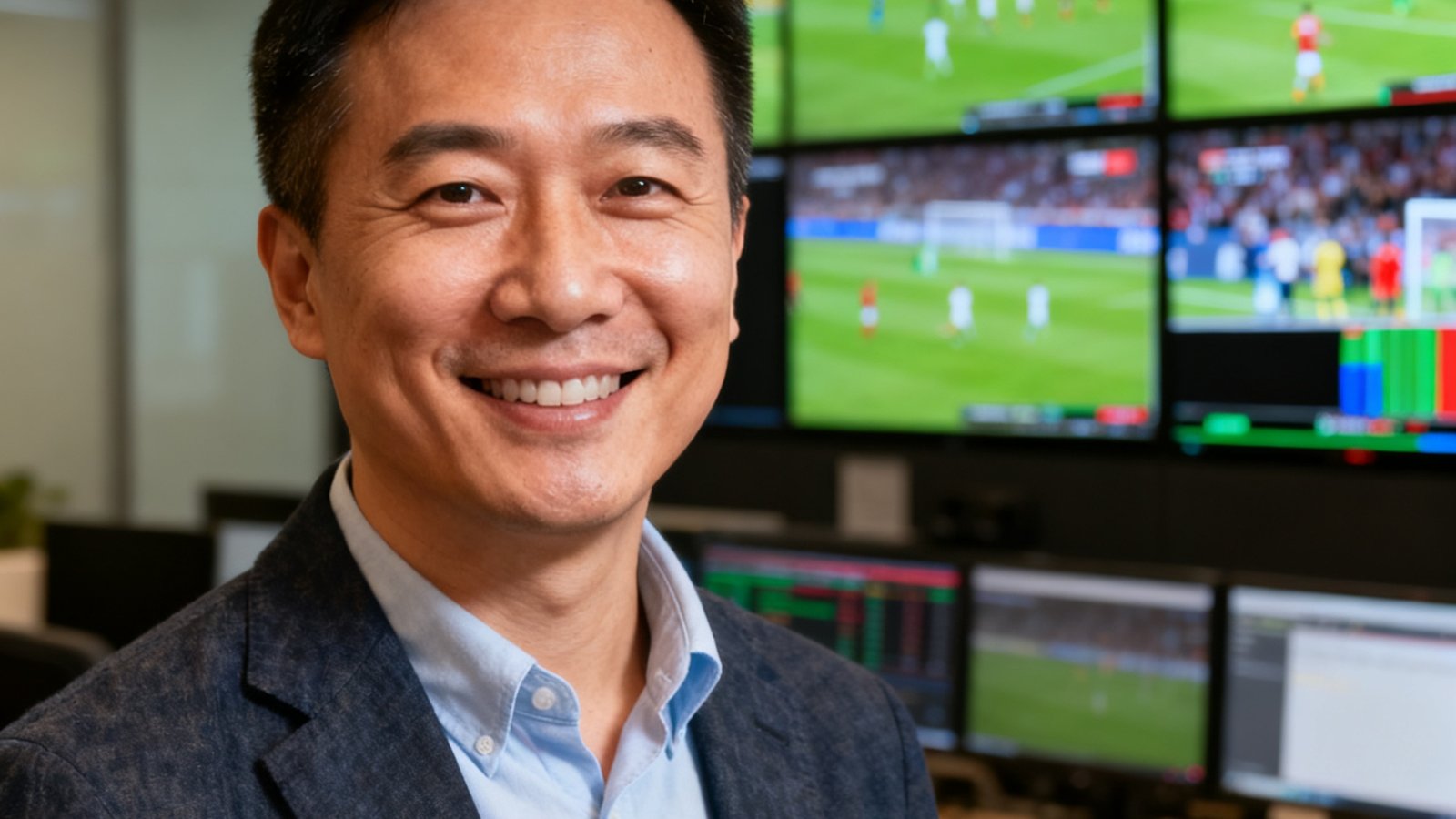 某体育媒体技术总监李明辉先生半身肖像照，背景为其公司办公室的赛事直播监控墙，他身着商务休闲装，面带微笑